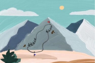 A painted cartoon of a mountain with paths leading up and down and stick figures on the paths