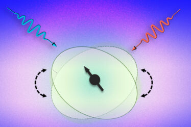 Against a pink background, a blue and red laser beam shoot down from the top as wavey arrows. They point to a beige atomic nucleus with a gauge needle in the center pointing left, signifying spin direction.