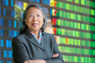 Portrait of Elizabeth Ng in a gray suit with arms folded. She is shown from the waist up and the background is a wall formed of colored rectangles, many bright green or blue.