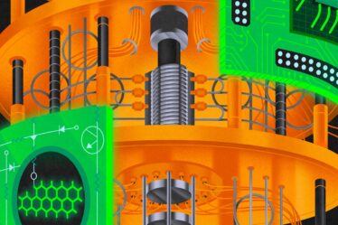 An illustration of a quantum machine is illustrated with a central core, with three panels attached, each depicting a different research area of physics.